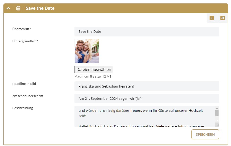 Abschnitt Save the Date mit Inhalten befüllen | Hochzeitswebseite.de